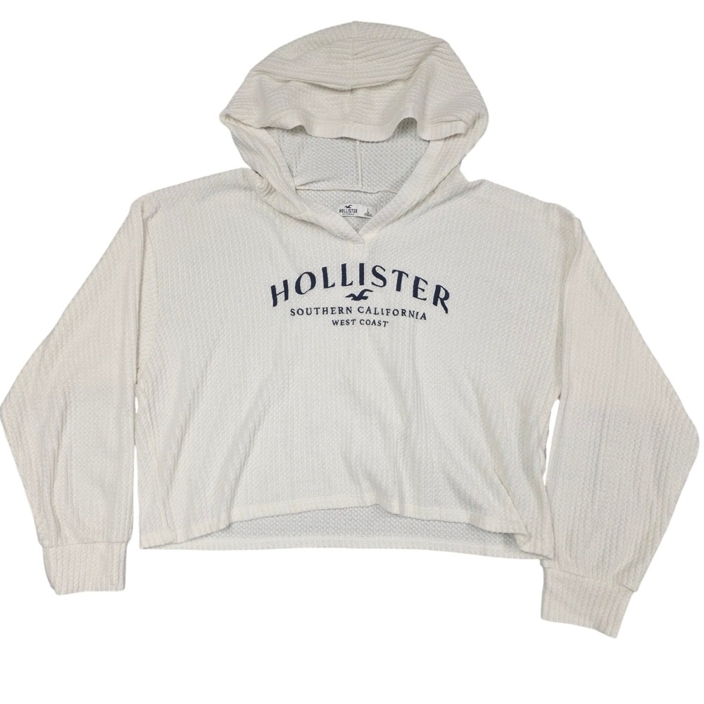 Hollister Hooded Sweatshirt Women L White Waffle Knit Cropped Coastal Surf Relax